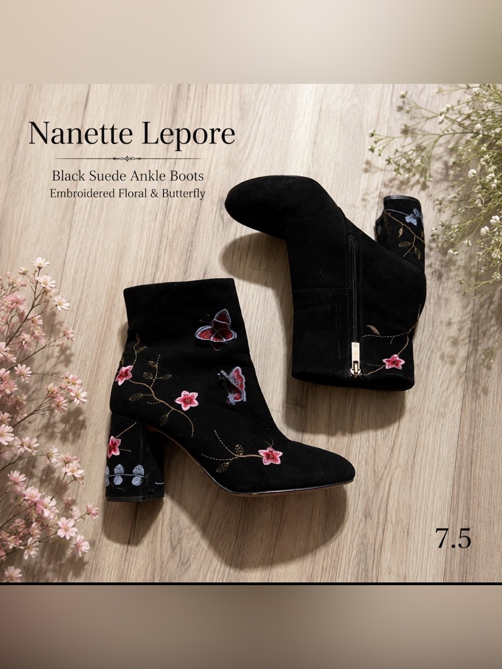 Nanette Lepore Black Suede Embroidered Butterfly & Floral Ankle Boots
